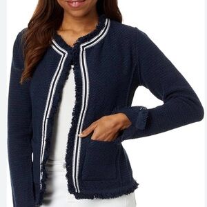 NIC+ZOE Navy ribbon trim fringe Textured Knit jacket